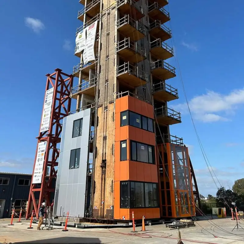 Seismic Testing of a 10-story mass timber building on a shaker plate.