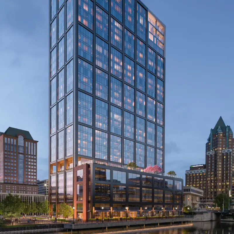 The Edison, the tallest mass timber building in the US, as seen from the Milwaukee River